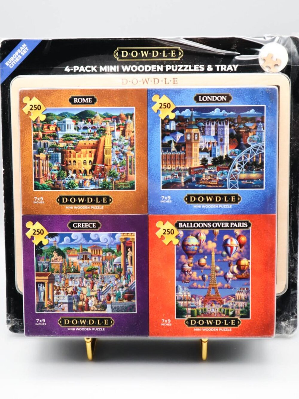 Dowdle 4 Pack Mini Wooden Puzzles 250 Pcs Each w/Tray 7x9” World European Cities